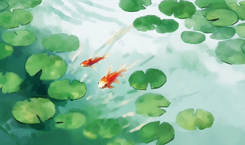 大暑小暑绿色夏季池塘里荷叶和一群锦鲤背景,插画/手绘图,插画/手绘图库,插画/手绘图下载,插画/手绘